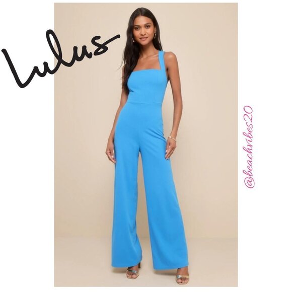 LULUS Glamorous Dedication Blue Sleeveless Wide-Length Jumpsuit Medium NWT O-238